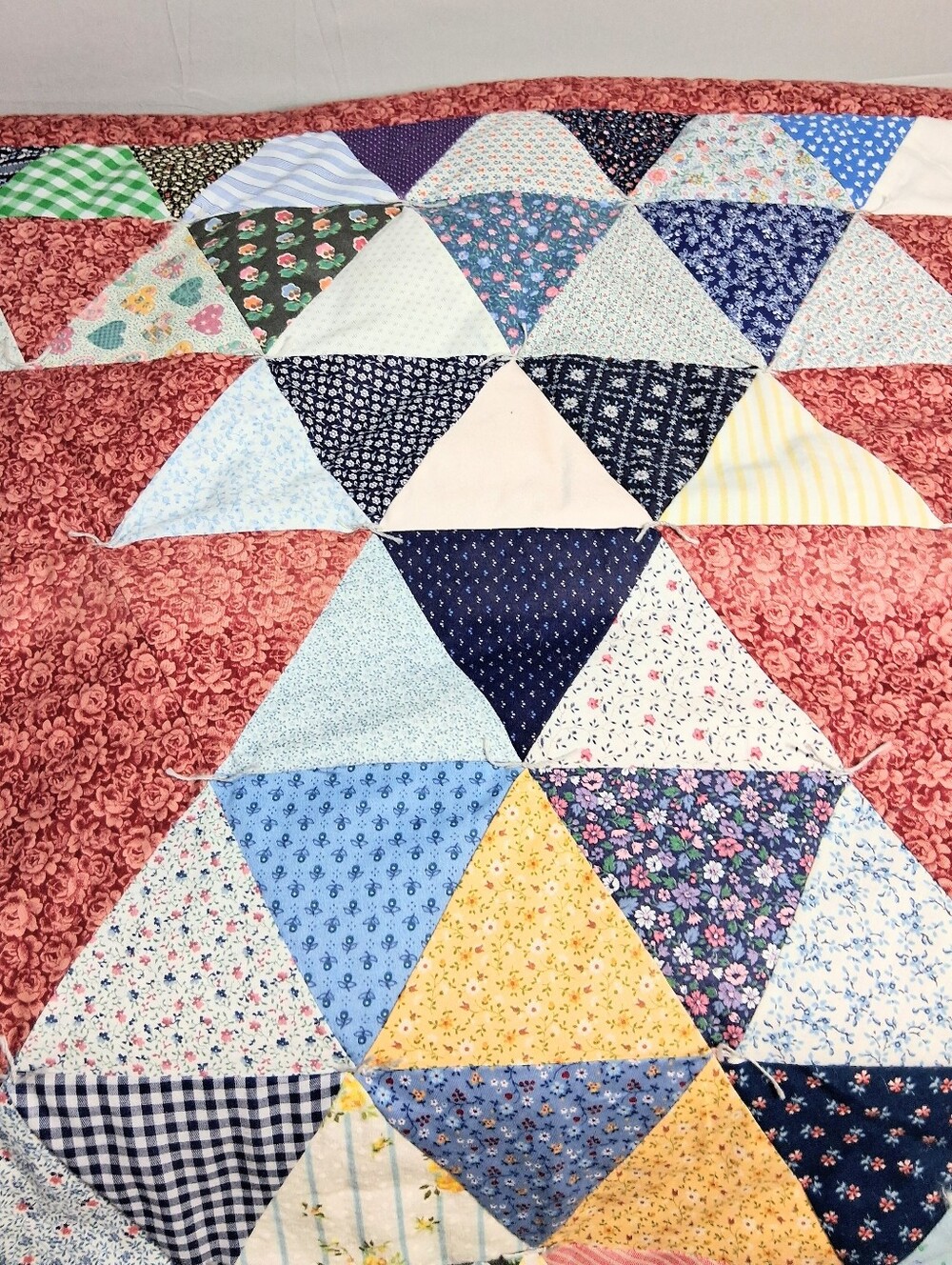 Vintage Crib 52" X 38" Hand-tied Triangle Patchwork Calico/Floral Scraps Quilt - Picture 2 of 11
